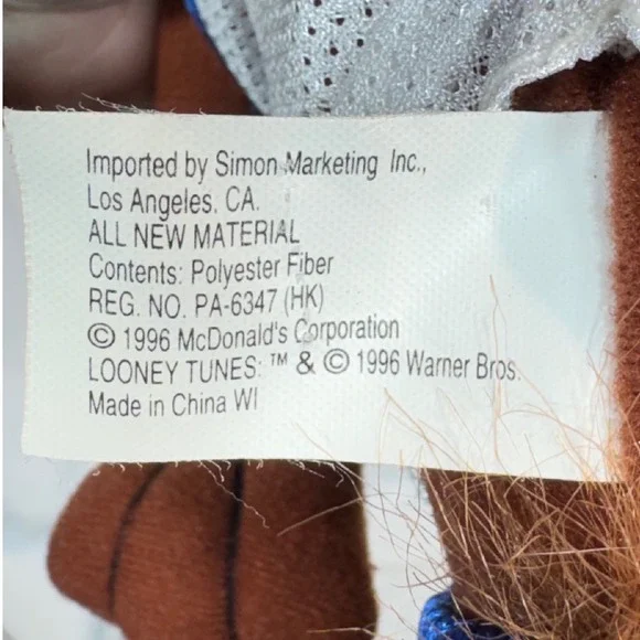 Vintage 1996 Space Jam Taz Plush 9" Tune Squad Warner Bros Toy - Picture 7 of 7